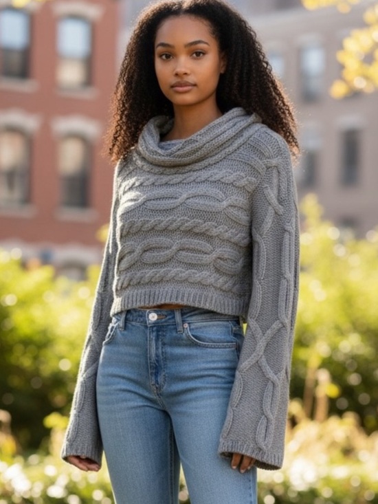 Vintage Sweaters - Alpaca Blend Cowl Cropped Cable Knit Sweater